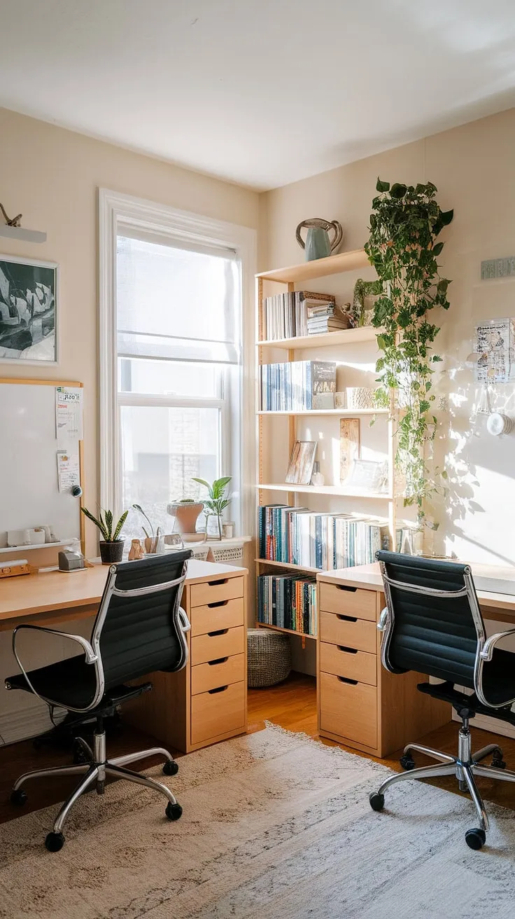 This small office with two desks provides a functional and stylish working desk for two, perfect for a shared home office. The bright, airy den room office benefits from natural light and thoughtful home office design ideas, including a strategic small office layout. The addition of a bookshelf and carefully chosen decorations creates a welcoming atmosphere. This office space for women (or a couple!) offers inspiration for l-shaped desk organization ideas and is a prime example of a best small office design.