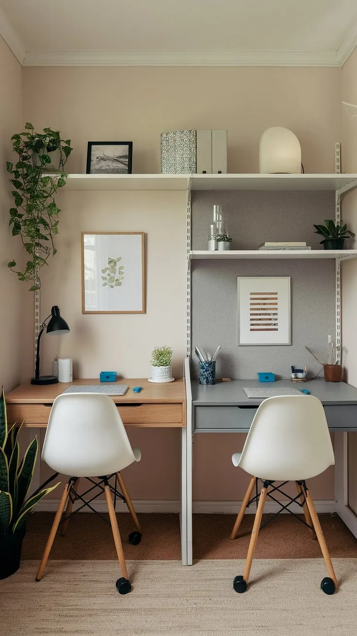 This charming den room office boasts a clever small office layout, perfect as a working desk for two. The best small office design features two distinct workspaces—a wooden desk and a grey desk—each with a white chair, creating a stylish his and her home office. A white shelf, green plant, and beige rug complete the calming atmosphere, offering home office design ideas for maximizing space and style in an office space for women (or anyone!). The arrangement also offers some inspiration for l-shaped desk organization ideas.