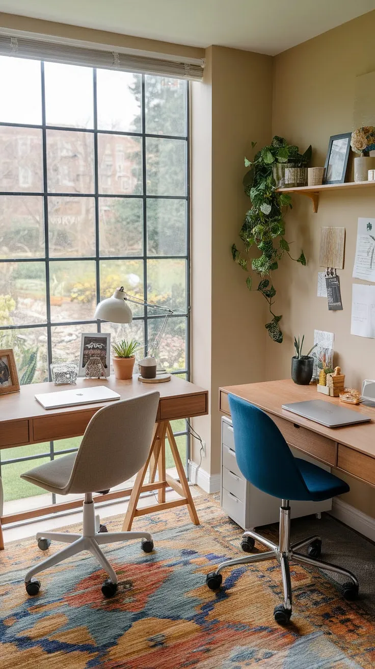 A small office with two desks transforms this den into a functional and aesthetically pleasing his and her home office. This small office layout, perfect for showcasing home office design ideas, features a working desk for two, each with its own personality. The office space for women is bright and airy thanks to the large garden window. Note the thoughtful details: a beige chair and lamp at one desk, a blue chair and plant at the other. This best small office design offers ample inspiration for l-shaped desk organization ideas, making the most of the limited space.