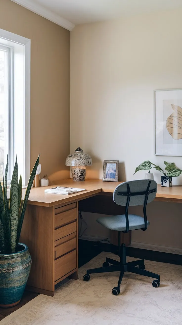 This cozy den room office boasts a clever small office layout, perfect as a his and her home office or an office space for women. The L-shaped desk, a working desk for two, maximizes space in this best small office design, offering ample room for individual workspaces. A touch of greenery and personal items add warmth, while the light rug and neutral walls create a calming atmosphere. This small office with two desks showcases excellent l-shaped desk organization ideas for even the smallest home office design ideas.