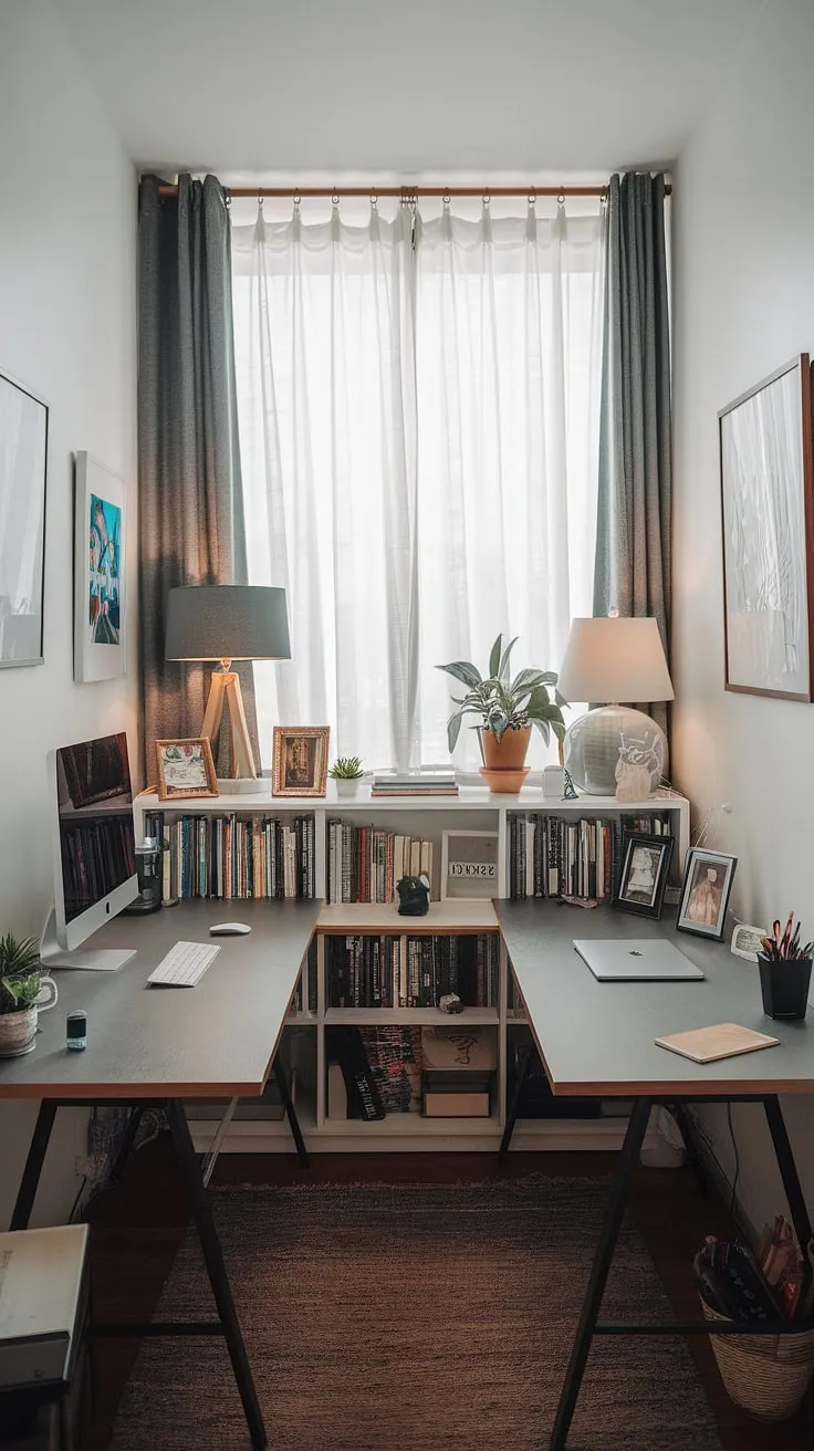 This charming den room office, a perfect example of small office with two desks, offers a functional and stylish workspace for two. The L-shaped layout maximizes space, creating a working desk for two that's both efficient and aesthetically pleasing. With thoughtful office space for women in mind, the design incorporates personal touches like plants and photos, while the bookshelf adds a touch of sophistication. This home office design ideas showcase how to achieve a best small office design even in a compact space. The small office layout is expertly organized, offering plenty of l-shaped desk organization ideas. It's the ultimate his and her home office solution.