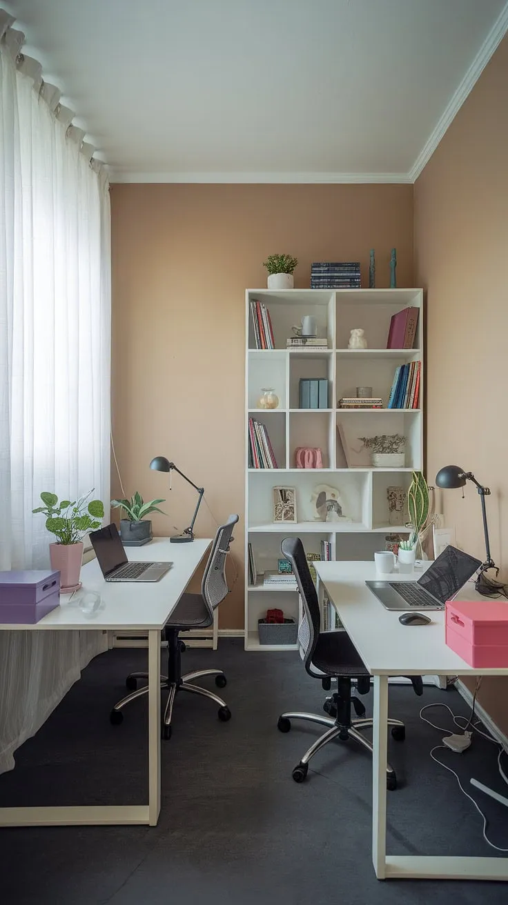 This serene den room office, a perfect example of small office with two desks, offers a functional and stylish working desk for two. The thoughtful office space for women boasts a clean home office design ideas, showcasing a smart small office layout. Note the efficient use of space and the organized l-shaped desk organization ideas. This best small office design is ideal for a his and her home office setup.