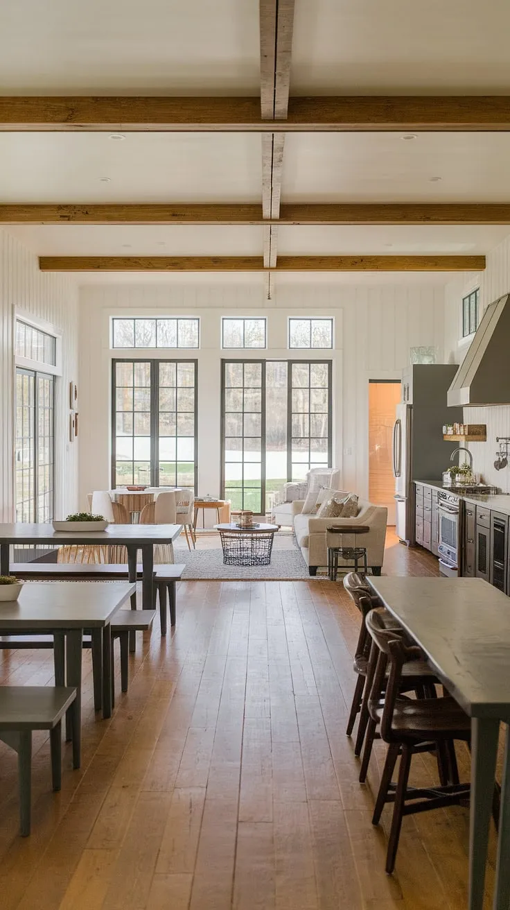 A dream realized: this open plan living room boasts a dining living room combo perfect for entertaining.  The modern farmhouse living room features a spacious kitchen, a cozy living area, and a bonus room off the kitchen, all bathed in natural light thanks to the open living room to backyard design.  The multiple tables in the dining room add a touch of rustic charm, while the overall design showcases the best in modern ranch house living room aesthetics and living room designs and kitchen integration.