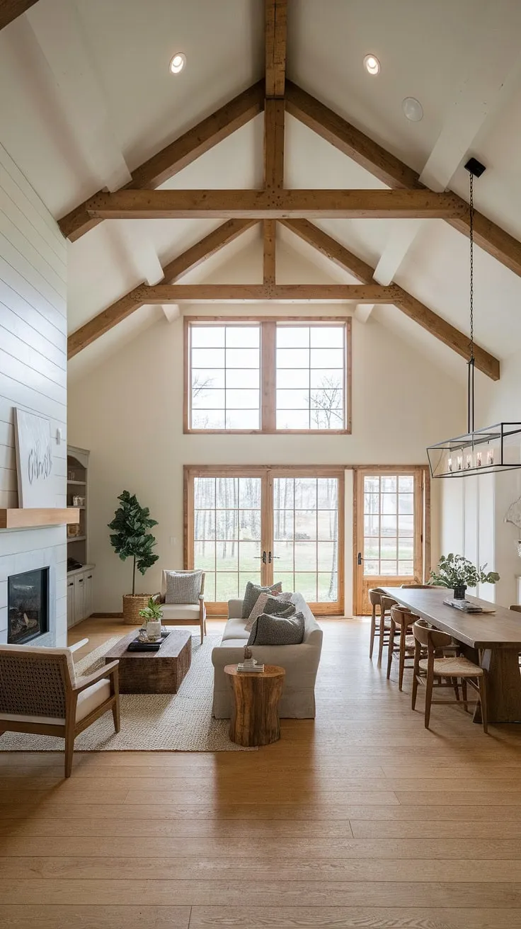 This modern farmhouse living room seamlessly blends comfort and style.  The open plan living room flows effortlessly into the dining area, creating a spacious and inviting atmosphere.  A bonus room off the kitchen adds extra versatility, while the open living room to backyard extends the living space outdoors, achieving the ultimate indoor outdoor living room experience.  The high ceilings and exposed wooden beams enhance the modern ranch house living room aesthetic, making it a perfect example of living room designs and kitchen integration.