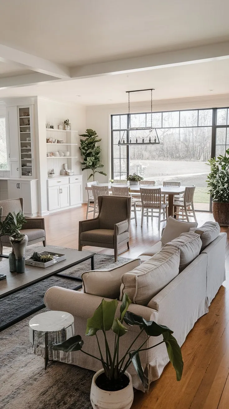 This modern farmhouse living room seamlessly blends comfort and style.  The open plan living room flows effortlessly into the dining area, creating a spacious and inviting dining living room combo.  Large windows offer an open living room to backyard view, blurring the lines between indoor outdoor living room.  A bonus room off kitchen adds extra functionality, completing this stunning modern ranch house living room design.  The open concept kitchen living room and thoughtful living room designs and kitchen layout make this the perfect space for entertaining and relaxation.
