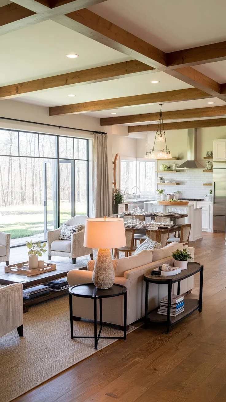 This modern farmhouse living room seamlessly blends indoor and outdoor living, with an open plan design that flows effortlessly from the open concept kitchen and dining room with multiple tables, to the living room's large window showcasing the backyard.  The bonus room off the kitchen adds extra space, making this modern ranch house living room the heart of the home.