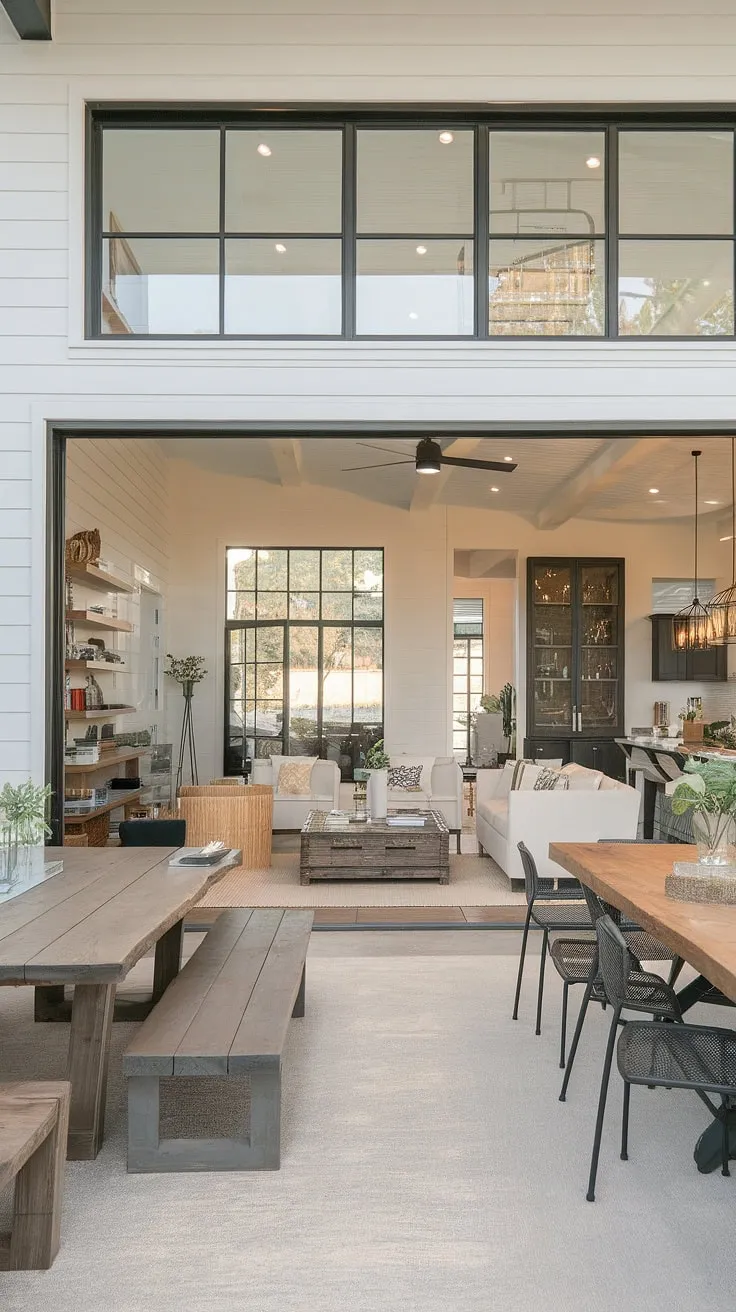 This modern farmhouse living room seamlessly blends indoor and outdoor living.  The open plan design connects the dining living room combo, featuring a dining room with multiple tables, to the open concept kitchen living room and a bonus room off the kitchen.  Large windows offer an open living room to backyard view, while the sliding door creates an indoor outdoor living room experience.  This modern ranch house living room showcases the best in living room designs and kitchen integration.