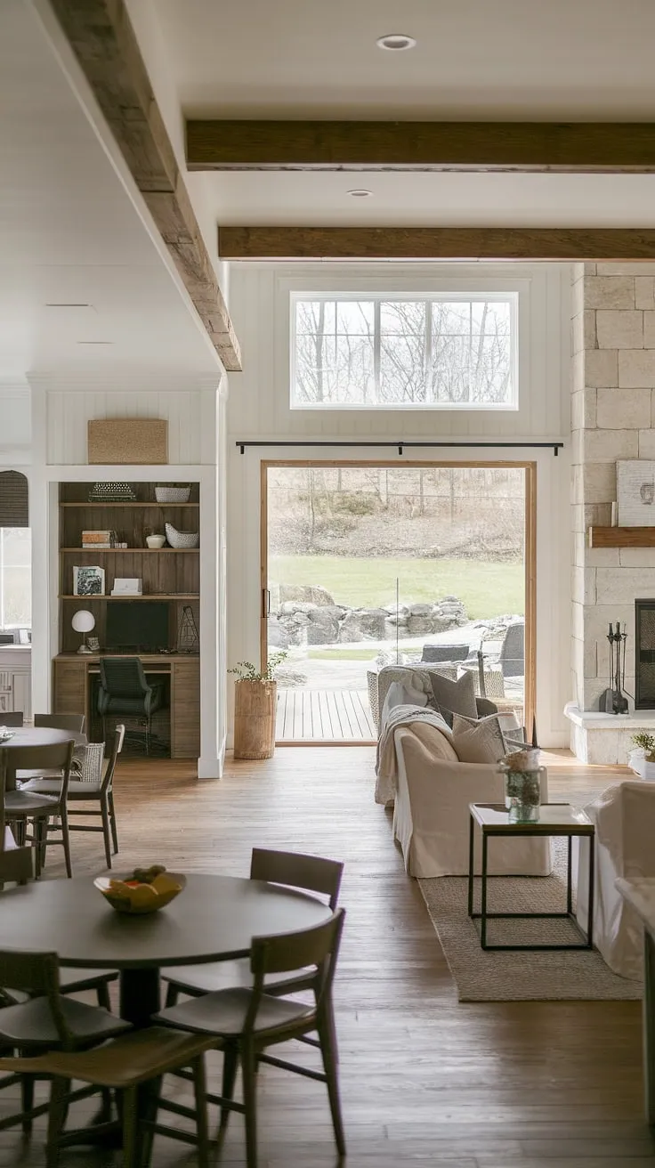 This modern farmhouse living room seamlessly blends rustic charm with contemporary style.  The open plan living room flows effortlessly from the dining room with multiple tables, past the bonus room off the kitchen, and out to the backyard through a sliding glass door, creating a stunning indoor outdoor living room experience.  The open concept kitchen living room design maximizes space and natural light, while the cozy fireplace anchors the living room designs and kitchen area.