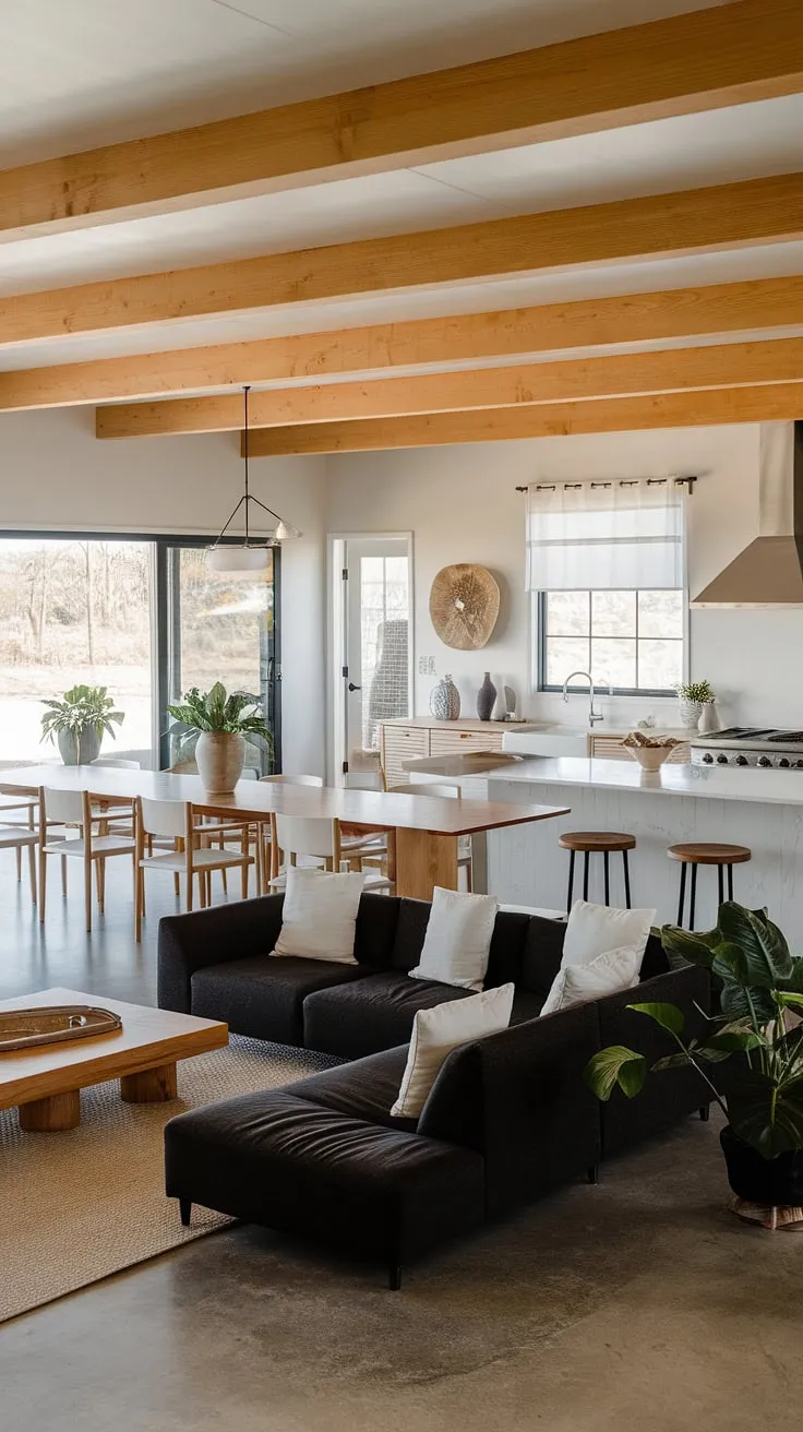 Step inside this stunning modern ranch house living room, where an open plan living room design connects the living, dining, and kitchen spaces flawlessly.  The open living room to backyard creates a seamless transition between indoor and outdoor living.  The dining room with multiple chairs around a long white table offers ample seating for gatherings.  A bonus room off the kitchen provides added functionality, while the modern farmhouse living room aesthetic, with its dark gray sofa and wooden accents, is both cozy and sophisticated.  This open concept kitchen living room is the epitome of comfortable, stylish living.
