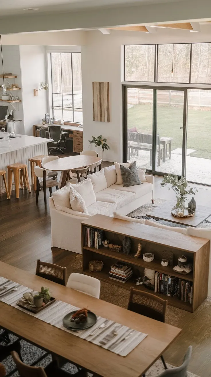 This modern farmhouse living room seamlessly blends comfort and style.  The open plan living room flows effortlessly into the open concept kitchen and dining room with multiple tables, creating a spacious and inviting dining living room combo. A bonus room off the kitchen adds extra functionality, while the open living room to backyard connection brings the outdoors in, enhancing the indoor outdoor living room feel.  The living room designs and kitchen integration exemplify modern ranch house living room elegance.