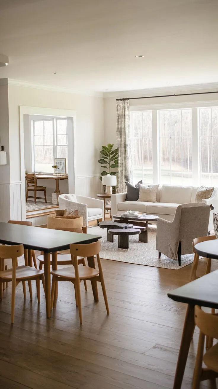 This modern farmhouse living room seamlessly blends style and functionality.  The open plan living room design effortlessly connects the dining room with multiple tables, a cozy living area, and even a bonus room off the kitchen, creating a spacious and inviting atmosphere.  Large windows offer an open living room to backyard view, blurring the lines between indoor and outdoor living room spaces, perfect for a modern ranch house living room.  This dining living room combo showcases the best of open concept kitchen living room designs and kitchen layouts.