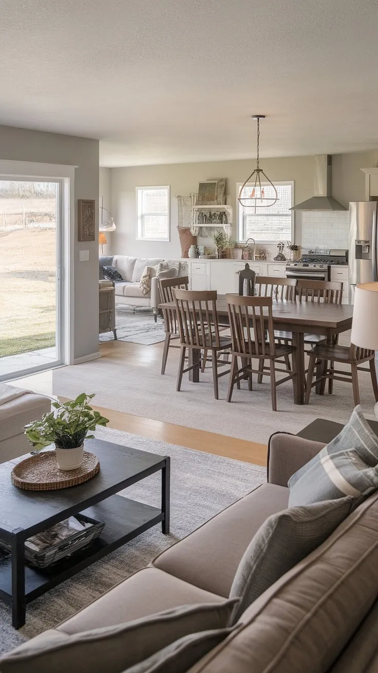 Step inside this stunning modern ranch house living room, where an open concept kitchen living room design creates a welcoming and spacious atmosphere.  The dining living room combo is perfect for both everyday living and grand gatherings, enhanced by the bonus room off kitchen providing extra space.  Large sliding glass doors offer an open living room to backyard, blurring the lines between indoor and outdoor living.  Modern farmhouse living room elements add warmth and character, making this home a true sanctuary. The thoughtful living room designs and kitchen layout are a testament to modern living.