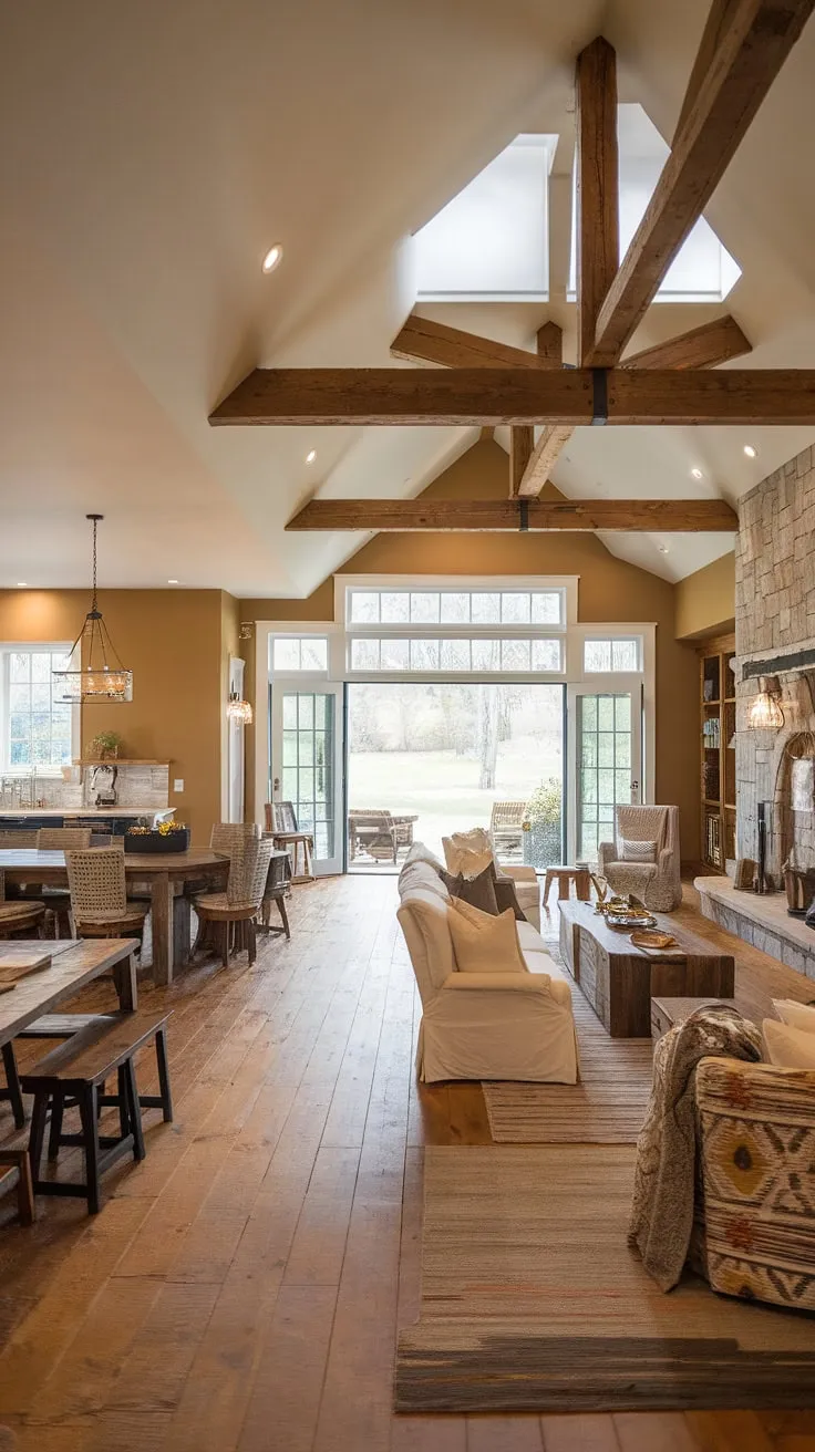 Experience the epitome of modern ranch house living in this stunning open plan living room.  The dining room with multiple tables flows seamlessly into the open concept kitchen living room, creating a perfect space for entertaining. A bonus room off the kitchen adds extra versatility, while the exposed wooden beams and stone fireplace lend a touch of rustic elegance.  Large windows provide an open living room to backyard, fostering a sense of indoor outdoor living room. This modern farmhouse living room exemplifies the best in living room designs and kitchen integration.