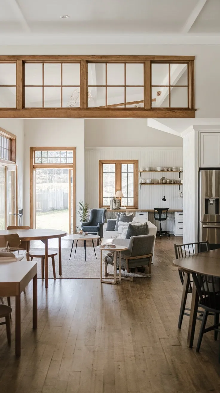 This modern farmhouse living room seamlessly blends style and functionality.  The open plan living room design effortlessly connects the dining room with multiple tables, the living room itself, and a stunning open concept kitchen living room, all flowing effortlessly into a bonus room off the kitchen—perfect for a home office. Large windows create an indoor outdoor living room feel, opening the space to the backyard. This exemplifies the best of modern ranch house living room and living room designs and kitchen concepts.