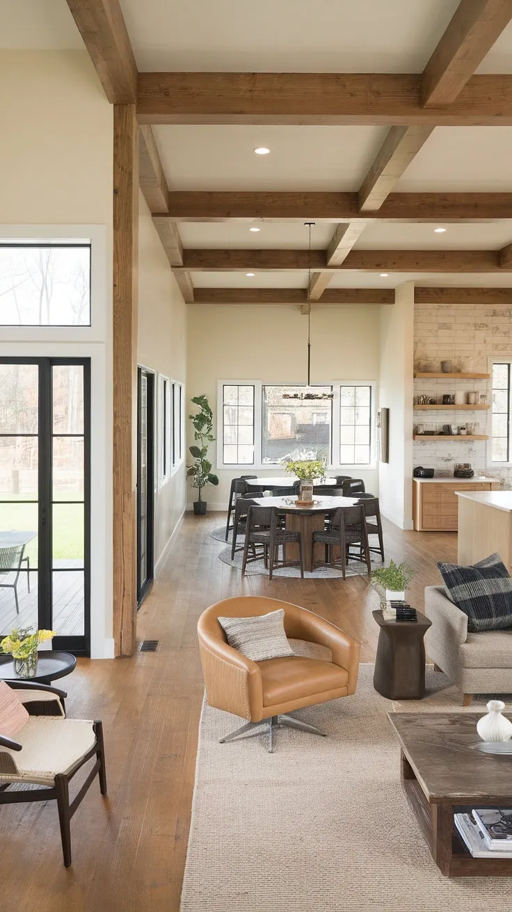 This modern ranch house boasts a stunning dining living room combo, seamlessly flowing into an open plan living room that opens directly to the backyard, creating the ultimate indoor outdoor living room experience.  The modern farmhouse living room, complete with exposed wooden beams and a bonus room off the kitchen, showcases exceptional living room designs and kitchen integration.  The open concept kitchen living room and dining room with multiple tables offer ample space for entertaining.