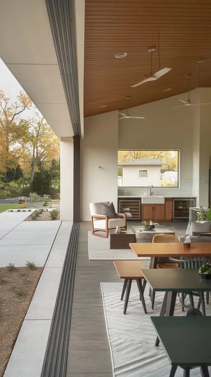 Experience effortless living in this modern ranch house living room. The dining living room combo features a versatile layout with multiple tables and a mix of seating.  A bonus room off the kitchen adds unexpected space, while the open living room to backyard design maximizes natural light and creates a seamless indoor outdoor living room transition.  This open concept kitchen living room exemplifies modern farmhouse living room style with its thoughtful design and functionality.