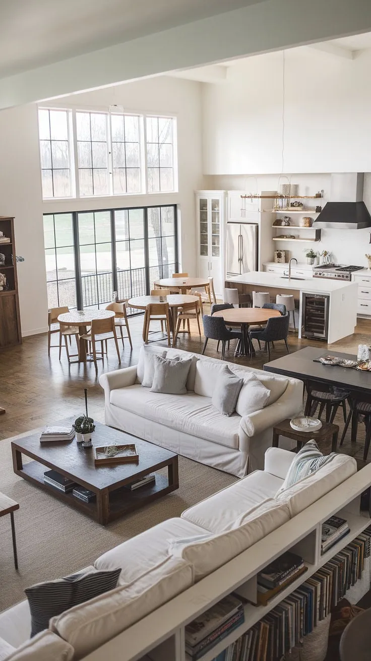 This modern farmhouse living room seamlessly blends comfort and style.  The open plan living room flows effortlessly into the open concept kitchen and dining room with multiple tables, creating a spacious and inviting atmosphere. A bonus room off the kitchen adds extra functionality, while the large window offers stunning indoor outdoor living room views of the backyard, showcasing the perfect dining living room combo.  This modern ranch house living room exemplifies the best in living room designs and kitchen integration.