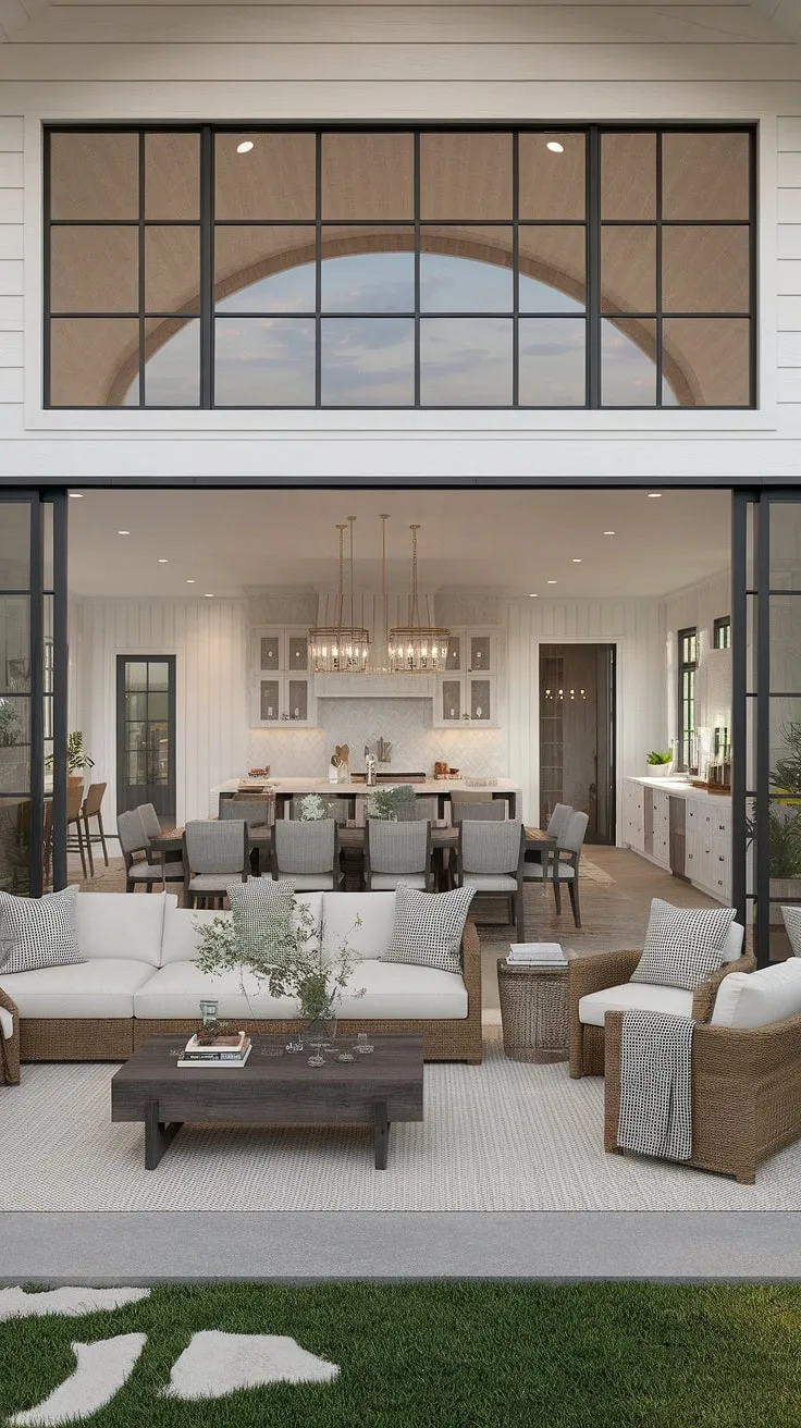 Experience effortless flow in this stunning modern ranch house living room.  The open concept kitchen living room design creates a spacious and inviting atmosphere, enhanced by a dining room with multiple tables and a bonus room off the kitchen.  Large windows and an indoor outdoor living room with sliding glass doors leading to the backyard complete this exceptional living room designs and kitchen masterpiece.