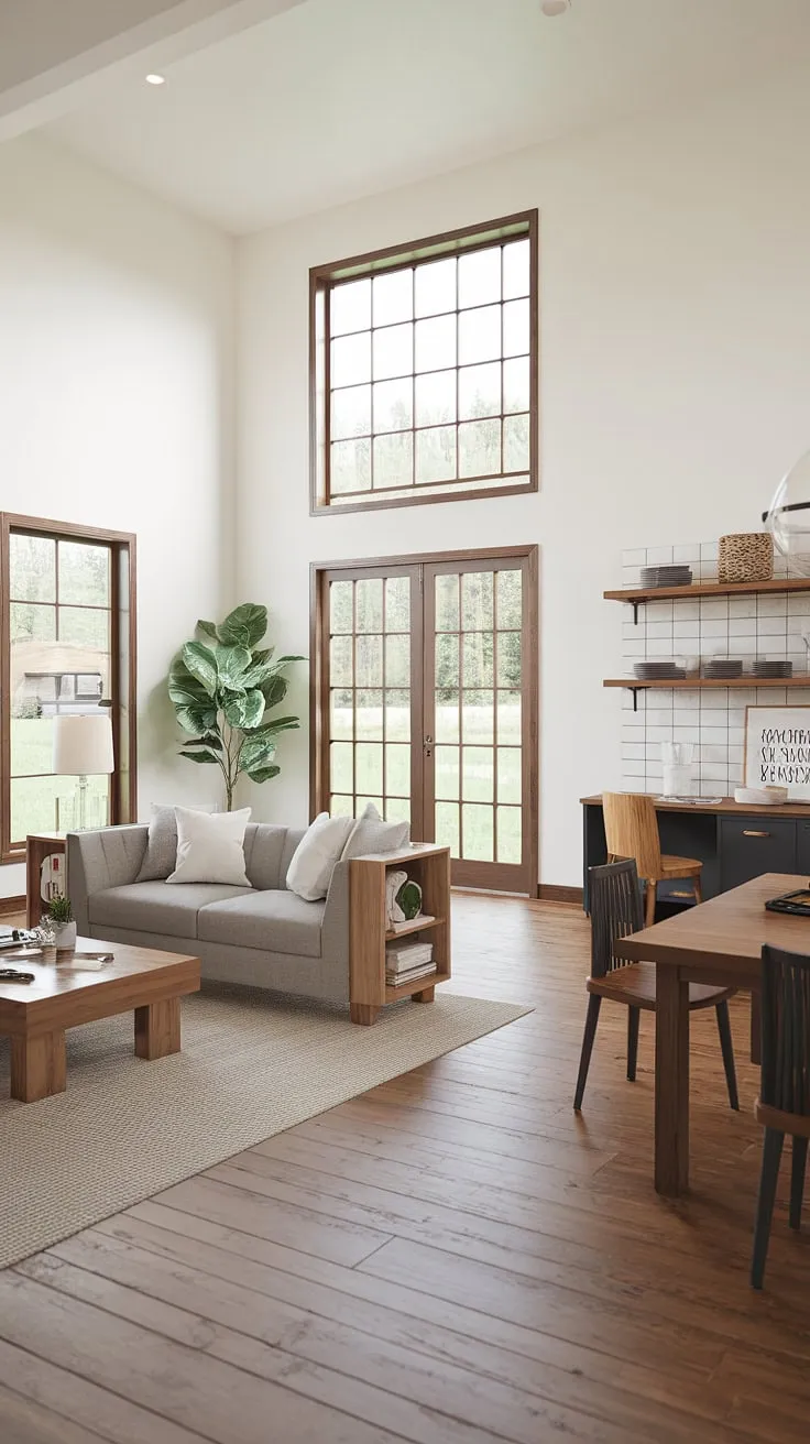 The inviting warmth of this modern farmhouse living room is undeniable.  The dining living room combo, enhanced by a bonus room off the kitchen, provides ample space for relaxation and gatherings.  Clever living room designs and kitchen placement maximize functionality in this open plan living room.  Natural light streams in, highlighting the beautiful wooden floors and creating an indoor outdoor living room feel thanks to the open living room to backyard access.  This is modern ranch house living room perfection.