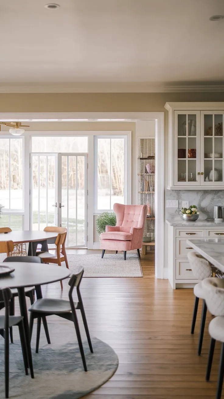 This modern farmhouse living room seamlessly blends style and functionality.  The open plan living room design effortlessly connects the dining room with multiple tables, the living room itself, and a stunning open concept kitchen living room, all flowing effortlessly into a bonus room off the kitchen featuring a pop of pink.  Large windows and glass doors create an indoor outdoor living room feel, opening the space to the backyard. This is living room designs and kitchen perfection in a modern ranch house living room setting.