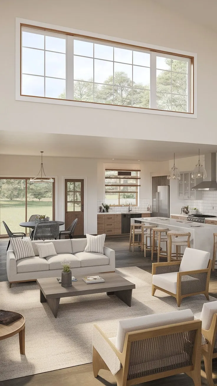 This modern ranch house living room seamlessly blends indoor and outdoor living, showcasing an open concept kitchen living room design with a bonus room off the kitchen.  The open plan living room flows effortlessly into the dining living room combo, offering ample space for entertaining. Large windows create an open living room to backyard connection, enhancing the modern farmhouse living room aesthetic.