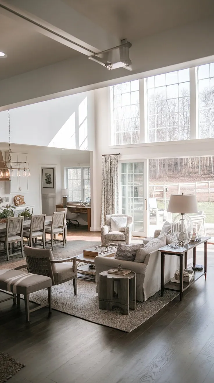Sunlight streams into this modern farmhouse living room, highlighting the seamless flow between the open plan living room, dining living room combo, and bonus room off the kitchen.  The open concept kitchen living room design creates a spacious and inviting atmosphere, while the open living room to backyard connection extends the living space outdoors, perfect for indoor outdoor living room enjoyment.  Clever living room designs and kitchen placement maximize functionality, even with a dining room with multiple tables.
