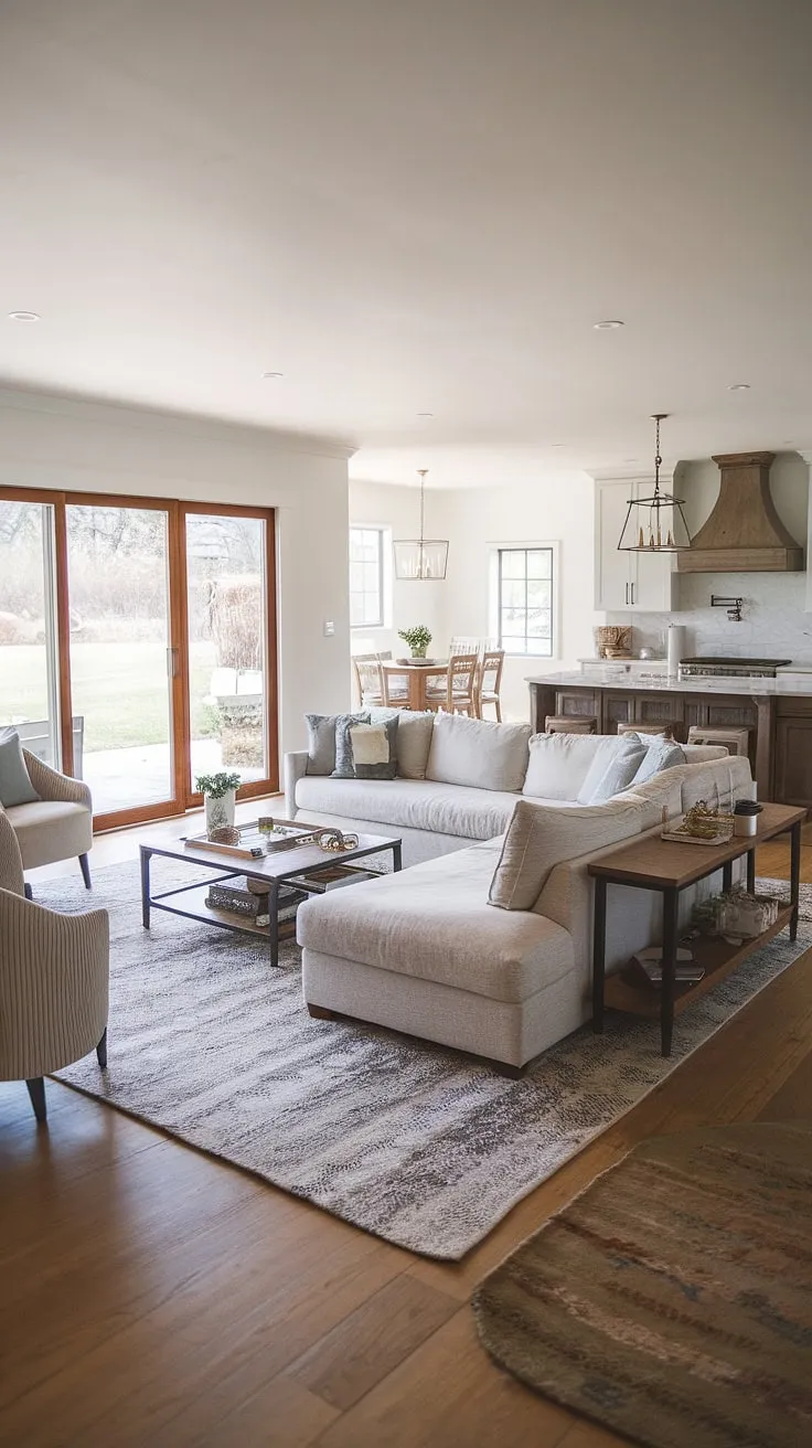 This modern farmhouse living room seamlessly blends comfort and style.  The open plan design effortlessly connects the living area, featuring a spacious sectional and cozy chairs, with the adjacent kitchen and its large island, creating the perfect open concept kitchen living room and dining living room combo.  A sliding glass door opens to the backyard, extending the living space and offering delightful indoor outdoor living room possibilities. The bonus room off the kitchen adds extra versatility, while the overall design showcases the best of modern ranch house living room designs and kitchen layouts.