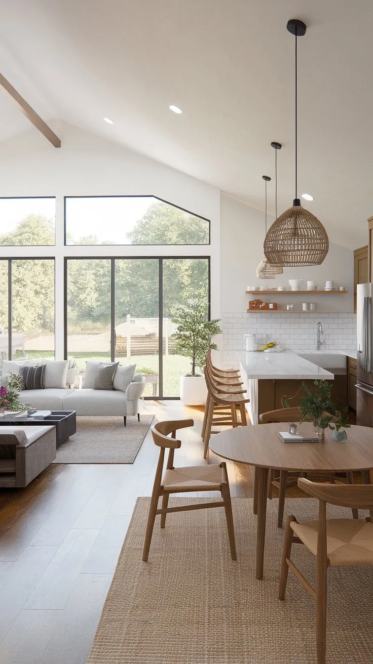 This modern ranch house boasts a stunning open plan living room, seamlessly blending a dining living room combo with a sleek, modern farmhouse living room aesthetic.  The open concept kitchen living room flows effortlessly into a bonus room off the kitchen, while large windows offer an open living room to backyard connection, creating an enviable indoor outdoor living room.  The living room designs and kitchen layout are perfectly complemented by the spacious dining room with multiple tables.