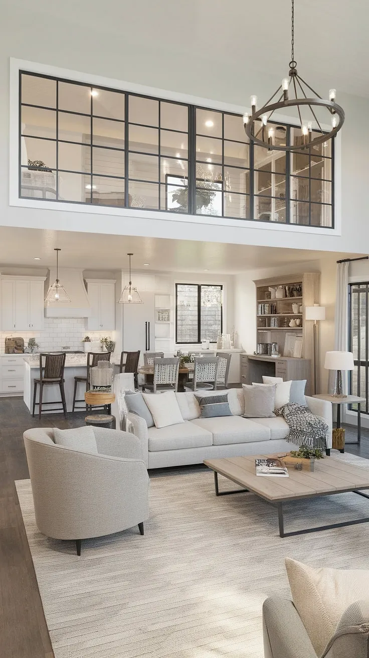 The expansive open plan living room of this modern ranch house living room is a testament to comfortable living.  Large windows offer an open living room to backyard view, blurring the lines between inside and out.  The clever design incorporates a dining living room combo with a dining room with multiple tables, and a bonus room off kitchen adds functionality without sacrificing style. This open concept kitchen living room exemplifies the best in modern farmhouse living room design.