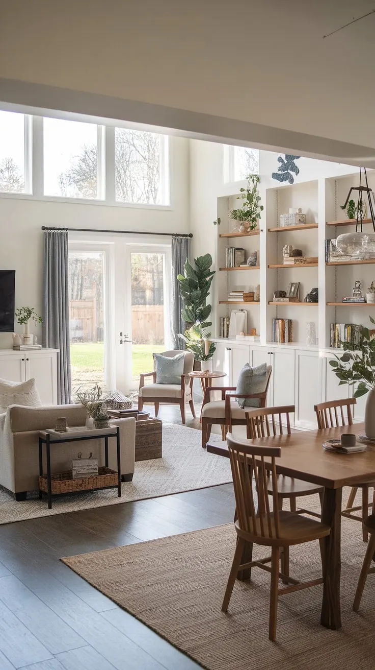 This modern farmhouse living room seamlessly blends comfort and style.  The open plan living room flows effortlessly into the dining area, creating a spacious and inviting atmosphere.  Large windows offer an open living room to backyard connection, while built-in shelving adds character.  The bonus room off kitchen potential is evident in the adaptable layout, perfect for a modern ranch house living room design.  This dining living room combo is the epitome of indoor outdoor living room design.