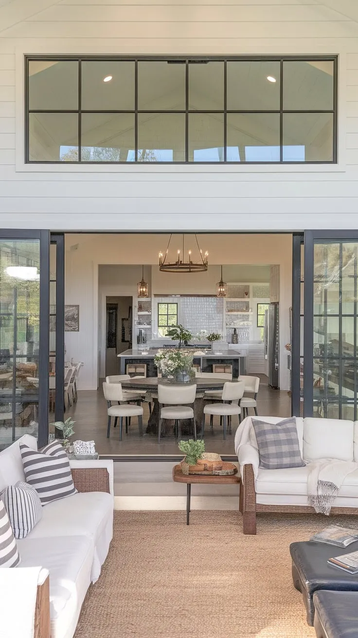 This modern farmhouse living room seamlessly blends indoor and outdoor living.  The open plan design connects the dining living room combo, complete with multiple tables, to a spacious kitchen with a bonus room off to the side.  Large glass doors open the living room to the backyard, creating a truly expansive indoor outdoor living room experience.  These living room designs and kitchen flow effortlessly together, showcasing the best of modern ranch house living room style.