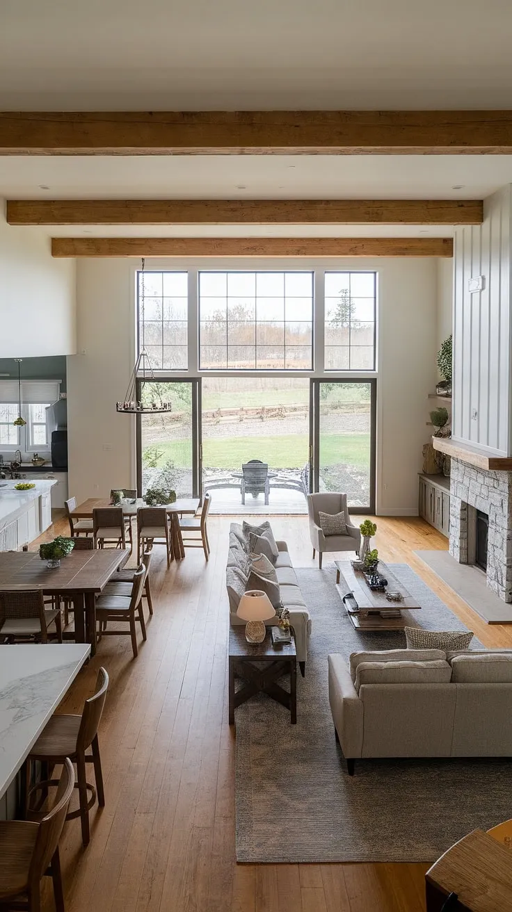 This modern farmhouse living room seamlessly blends indoor and outdoor living, showcasing an open plan design that effortlessly connects the dining living room combo, kitchen, and even a bonus room off the kitchen.  Multiple tables in the dining room accommodate gatherings, while the open living room to backyard offers stunning views.  The exposed wooden beams and stone fireplace add rustic charm to this spacious modern ranch house living room, exemplifying the best in living room designs and kitchen integration.