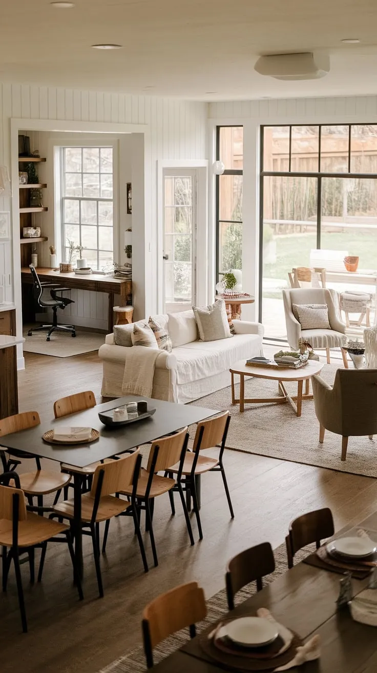 The open plan living room of this modern ranch house living room is a testament to thoughtful living room designs and kitchen integration.  Multiple dining tables in the dining room with multiple tables create a flexible space for gatherings, while the cozy living room area offers a relaxing retreat.  A bonus room off the kitchen adds functionality, and the open living room to backyard access extends the living space outdoors, creating a true indoor outdoor living room experience.
