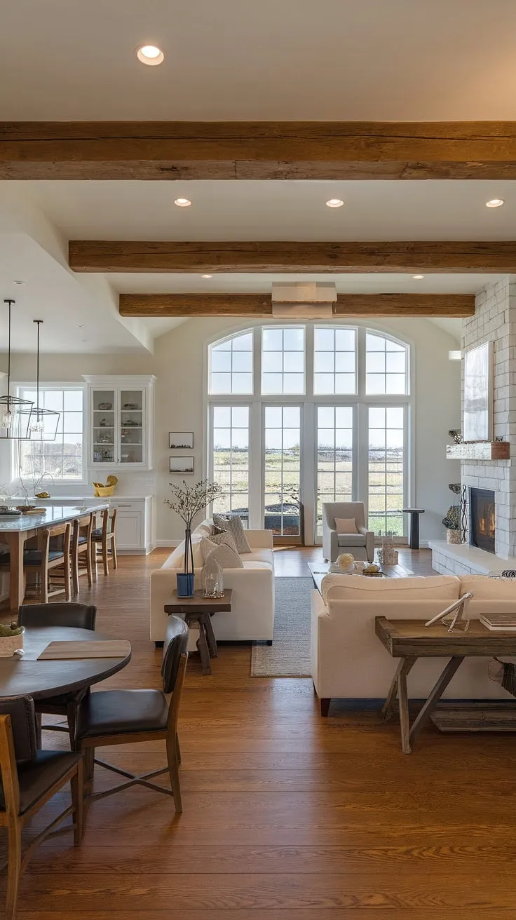 This modern farmhouse living room seamlessly blends rustic charm with contemporary style.  The open plan living room and kitchen create a spacious and inviting atmosphere, perfect for entertaining.  A dining room with multiple tables flows effortlessly into the living area, while a bonus room off the kitchen adds extra versatility.  The large window offers stunning indoor outdoor living room views, connecting the space to the backyard.  This open concept kitchen living room and dining living room combo is the epitome of modern ranch house living room designs and kitchen functionality.