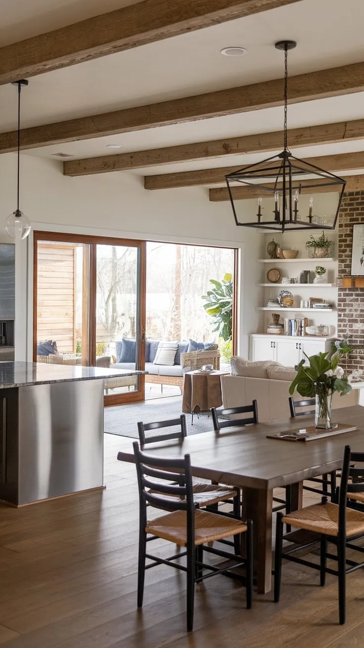 The open concept kitchen living room in this modern ranch house living room is a dream.  The dining living room combo is enhanced by the exposed wooden beams and brick fireplace, creating a warm and inviting ambiance.  Clever living room designs and kitchen placement maximize space and flow, while the multiple tables in the dining room accommodate large gatherings.  The bonus room off the kitchen offers additional flexibility, and the transition to the outdoor living space is seamless.