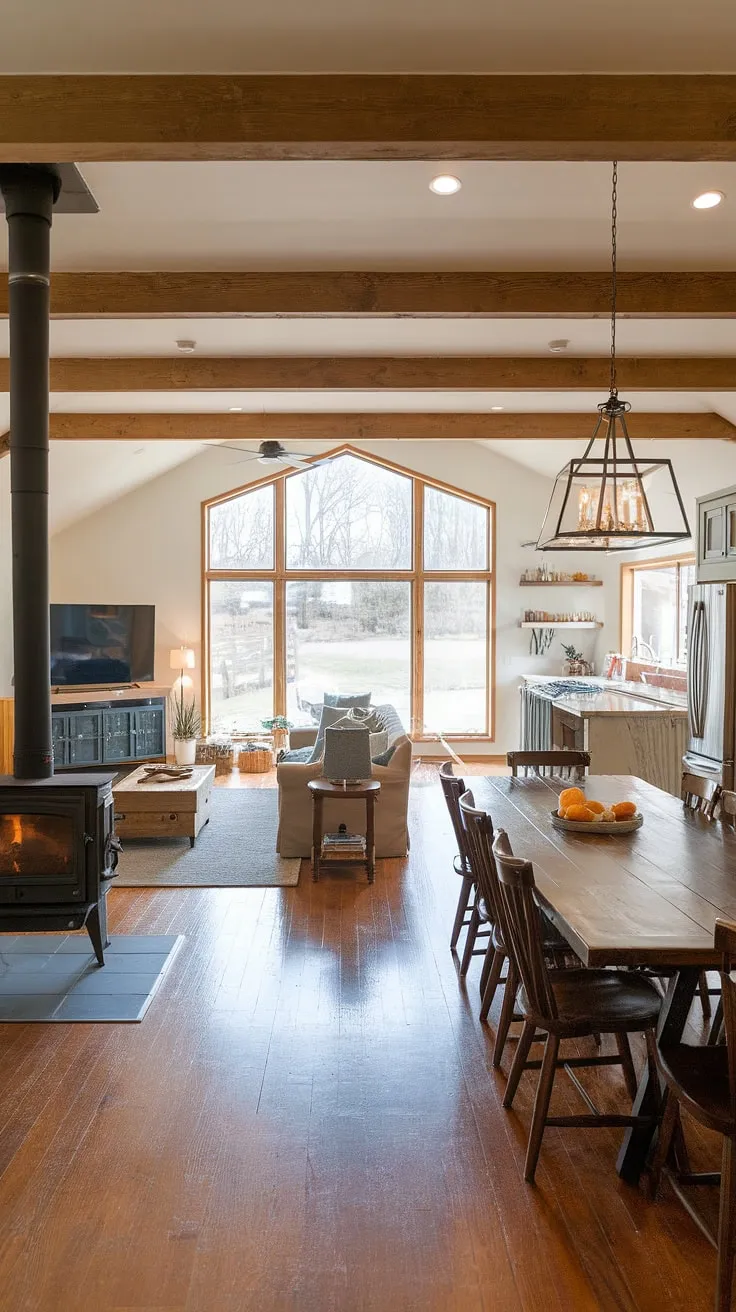 The open concept kitchen living room in this stunning modern farmhouse living room is a dream come true.  Living room designs and kitchen integration are flawlessly executed, creating a spacious and functional area perfect for entertaining.  A long wooden table in the dining room with multiple tables (though only one is visible) anchors the dining area, while the cozy living room offers a relaxing retreat.  The open living room to backyard connection enhances the feeling of spaciousness and brings the outdoors in.  This is indoor outdoor living room perfection.