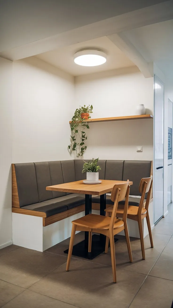 This charming banquette nook transforms a corner of this small apartment into a functional and inviting dining area. The modern dining nook is perfect for both intimate dinners and casual breakfasts, easily transitioning into a quiet reading nook when not in use. The built-in shelving adds a touch of personality to this cleverly designed corner nook.