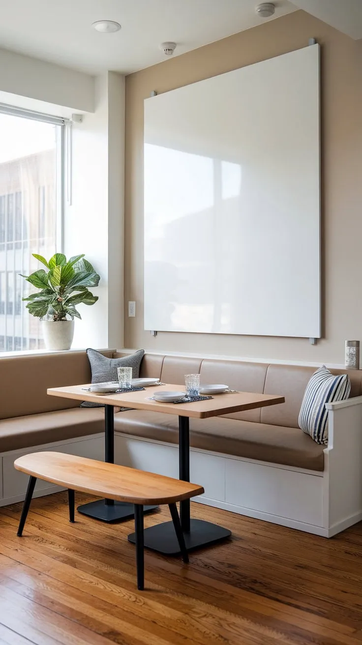 This modern dining nook, perfect for a small apartment, transforms a corner nook into a cozy breakfast nook, reading nook, and stylish dining area all in one. The banquette nook is the ultimate space-saving solution.