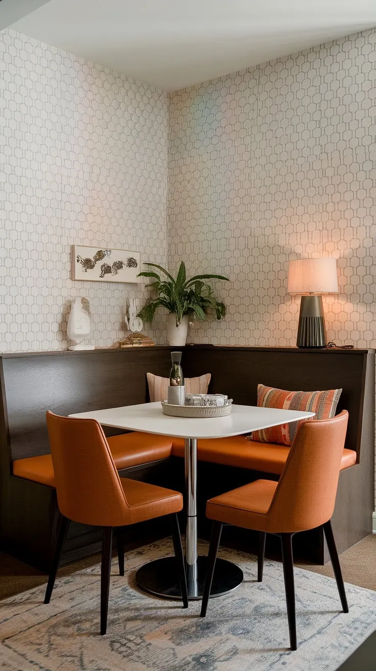 This modern dining nook, perfect for a small apartment, transforms a corner nook into a cozy breakfast nook and reading nook. The banquette seating offers ample space, complemented by two orange chairs and a white table, all set against a patterned wallpaper. A potted plant and lamp add warmth to this inviting dining area.