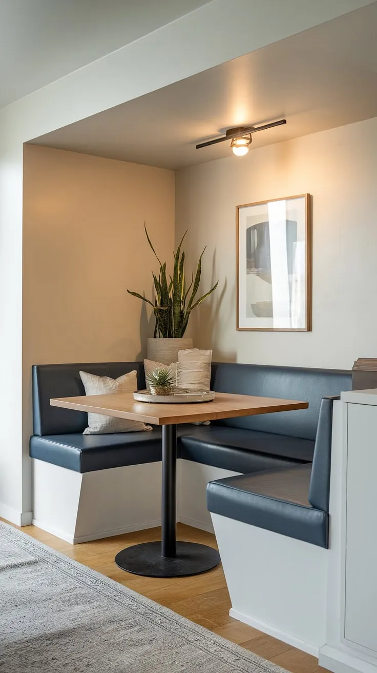 This modern dining nook, perfect for a small apartment, transforms a corner into a cozy breakfast nook, reading nook, and stylish dining area all in one. The banquette nook maximizes space and adds a touch of elegance.
