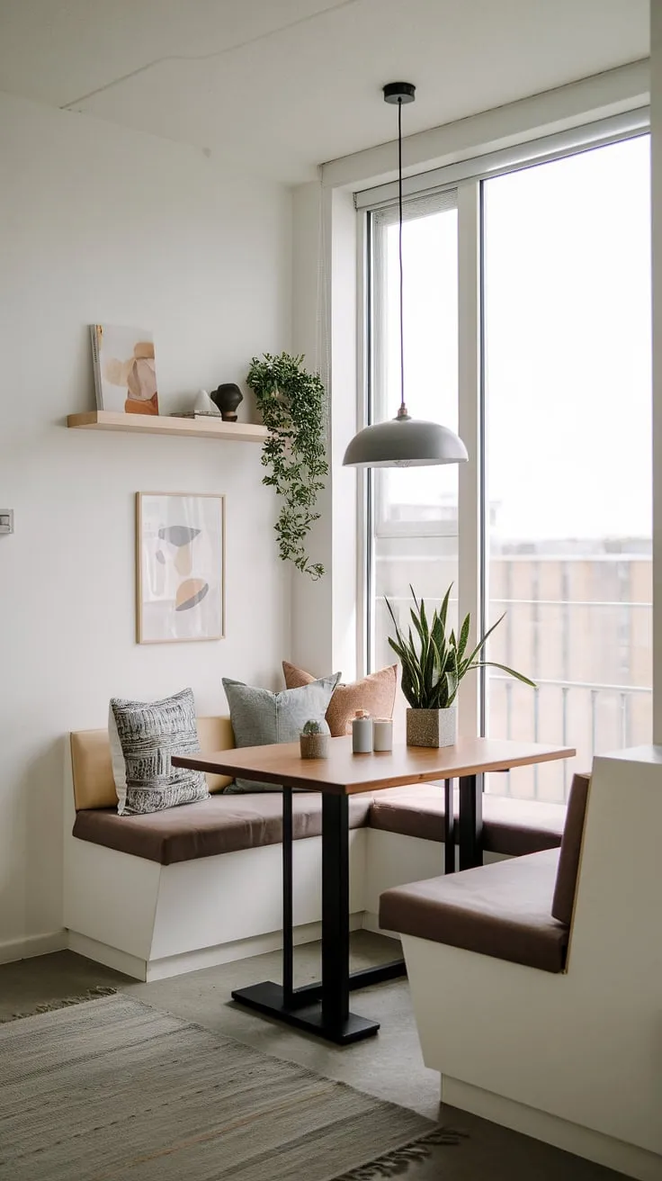 Sunlight streams into this cozy corner nook, transforming this small apartment dining nook into a versatile space. The banquette seating, perfect for a breakfast nook or even a quiet reading nook, sits alongside a wooden table, styled with a plant and lamp. The modern dining nook's built-in shelving adds to the functionality of this charming dining area.