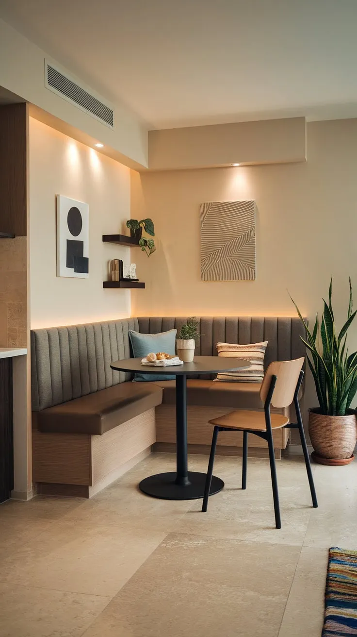 Transform your corner nook into a stylish and functional dining area with this banquette nook. A perfect reading nook by day, a charming modern dining nook by night.