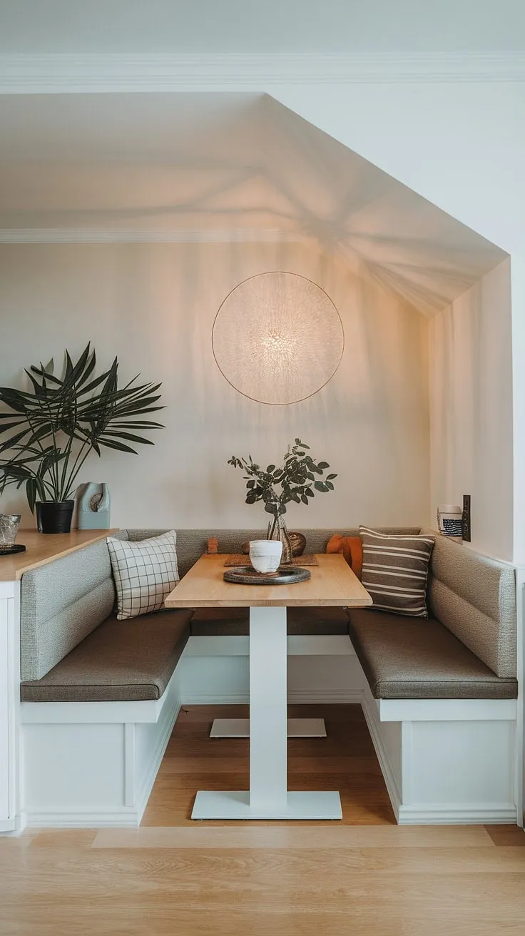 Sunlight streams into this cozy corner nook, transforming this small apartment dining nook into a versatile space. The banquette seating offers comfortable dining, while the white wooden table is perfect for breakfast or a quiet reading nook. The modern dining nook's design maximizes space and style.