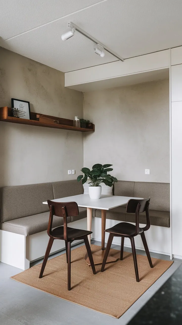 A cleverly designed small apartment dining nook utilizes every inch of space. The banquette seating creates a comfortable and intimate dining area, while the dark wooden chairs add a touch of contrast to the white table and bright white ceiling. This corner nook, easily adaptable as a reading nook or breakfast nook, is a testament to stylish and efficient design in a modern dining nook. The textured grey wall and beige rug complete the inviting atmosphere.