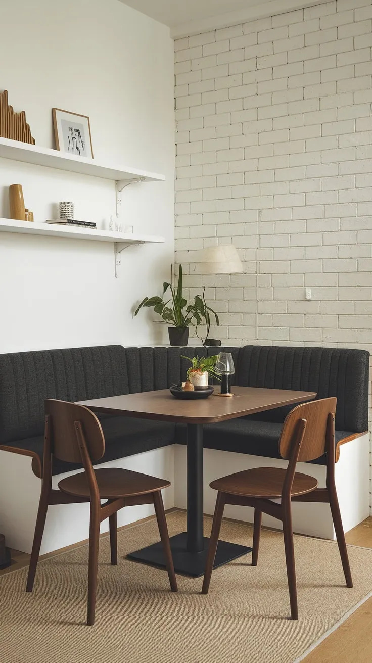 This cozy modern dining nook, perfect for a small apartment, transforms a corner into a functional and stylish dining area. The banquette seating offers comfortable space, while the white brick wall adds a touch of texture. It easily doubles as a breakfast nook or even a quiet reading nook thanks to the ambient lighting.