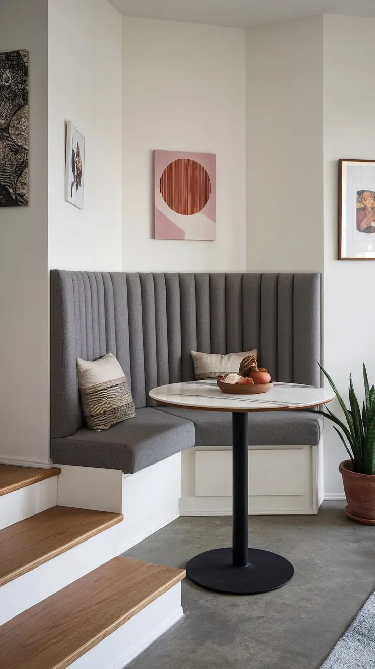 This small apartment dining nook, a perfectly formed corner nook, maximizes space with a stylish banquette nook and round marble-topped table. The gray fabric seating is both comfortable and chic, creating a cozy breakfast nook or even a quiet reading nook. A potted plant adds a touch of life to this modern dining nook and dining area.
