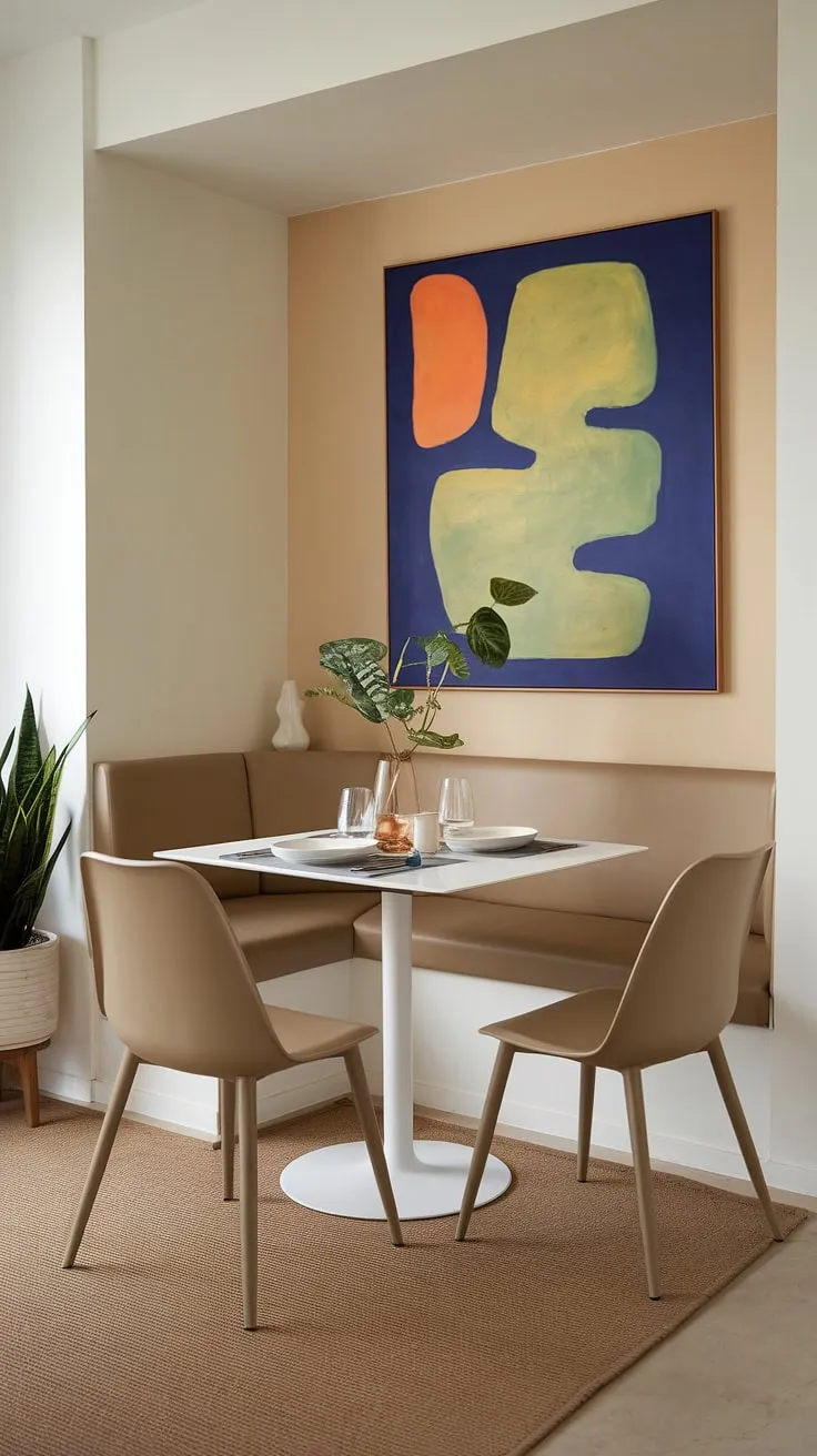 This modern dining nook, perfect for a small apartment, transforms a corner nook into a cozy breakfast nook and reading nook all in one. The banquette seating maximizes space in this charming dining area.