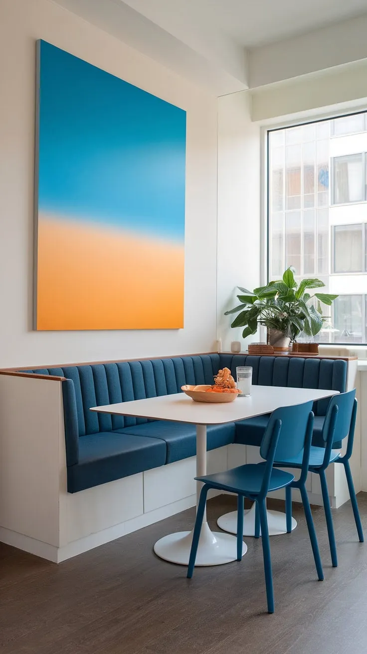 Sunlight streams into this cozy corner nook, transforming the small apartment dining nook into a versatile space. The banquette nook, with its white table and cheerful blue chairs, invites lingering breakfasts and quiet reading sessions, making it the perfect modern dining nook and breakfast nook all in one. A vibrant abstract painting adds a pop of color to this efficient dining area.