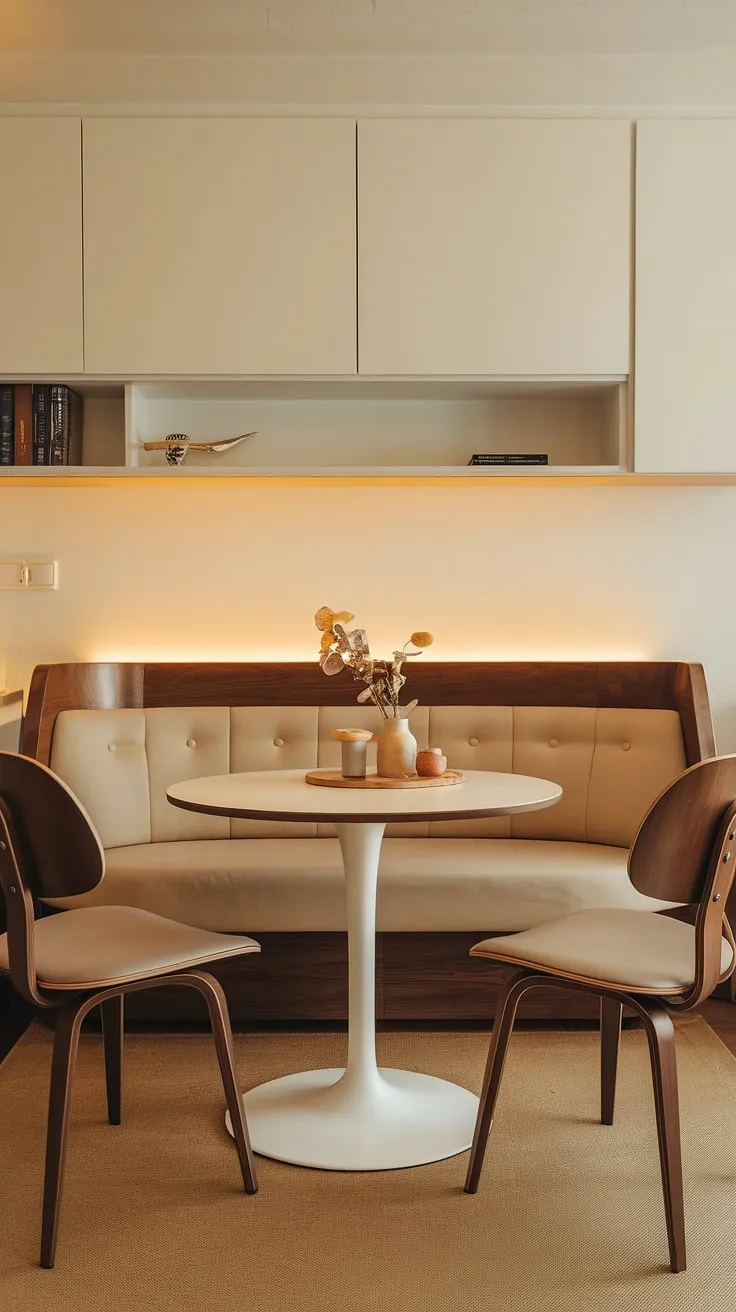 Cozy corner nook transformed into a perfect modern dining nook; this small apartment dining area proves that even a breakfast nook can be a stylish and functional dining space.