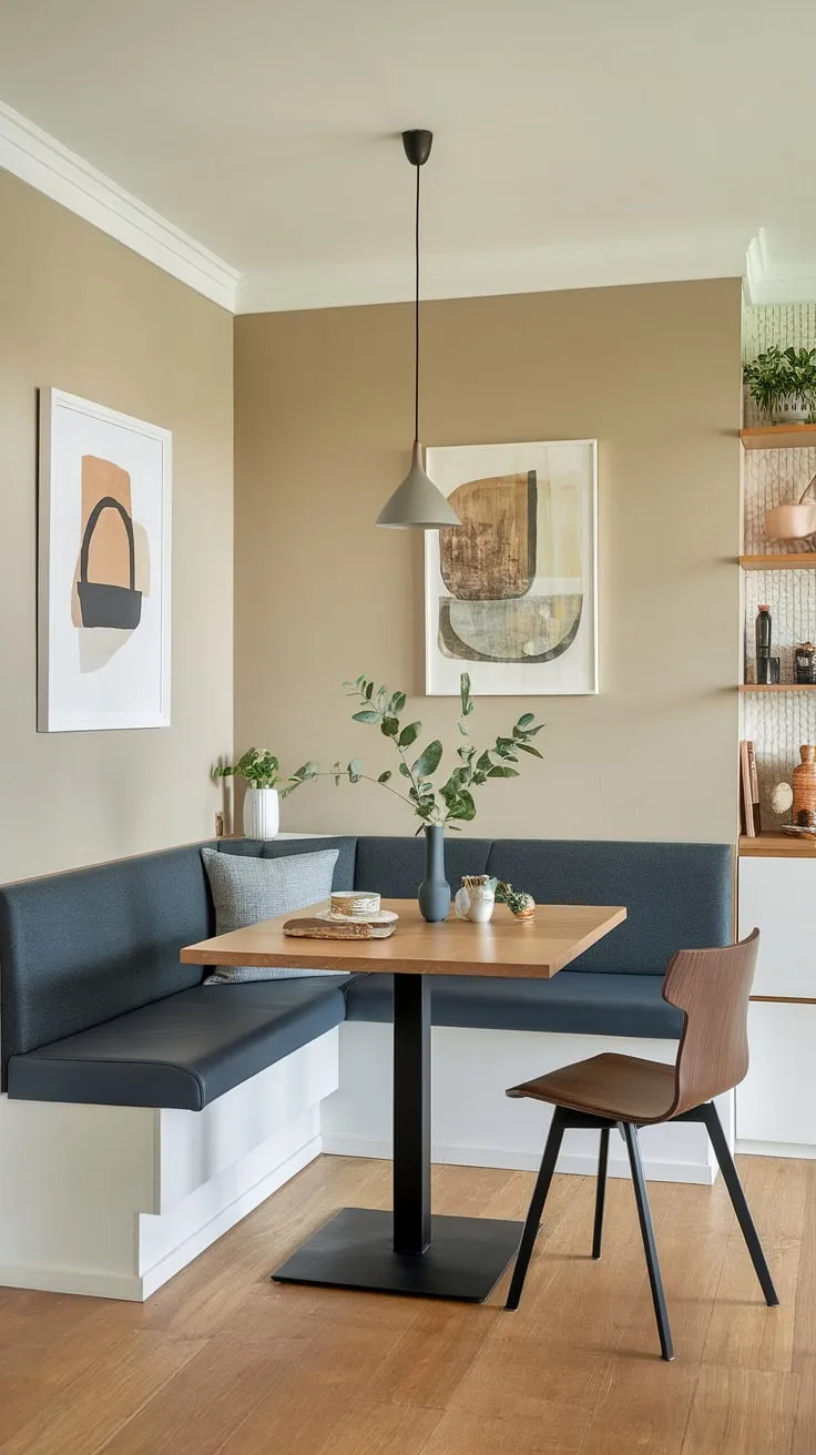 This modern dining nook, perfect for a small apartment, transforms a corner into a cozy breakfast nook, reading nook, and stylish dining area all in one. The banquette nook maximizes space and comfort.